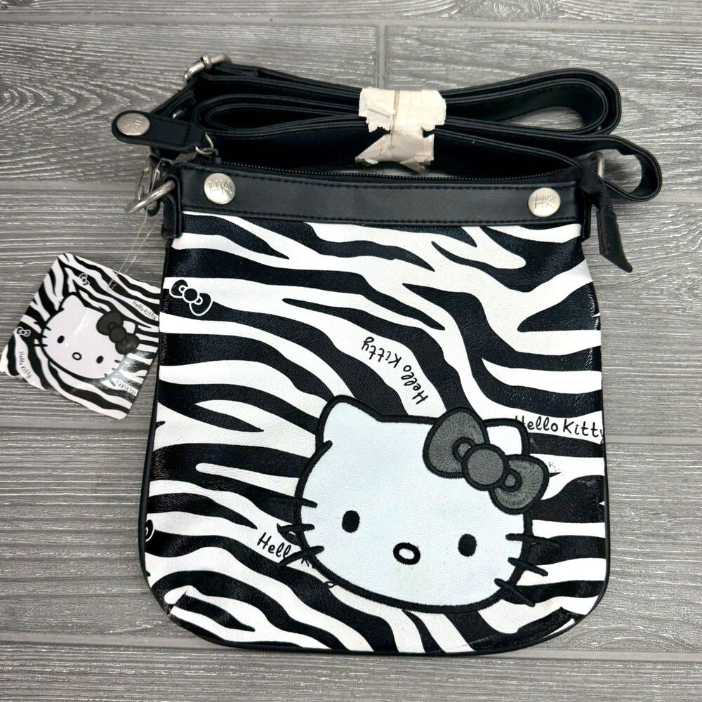 2011 Sanrio Hello Kitty Crossbody Purse Bag Black White Zebra Tiger Stripes NEW